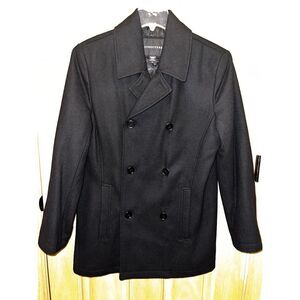 Structure Mens Small Black Wool Blend Pea Coat Insulated EUC Y2K‎